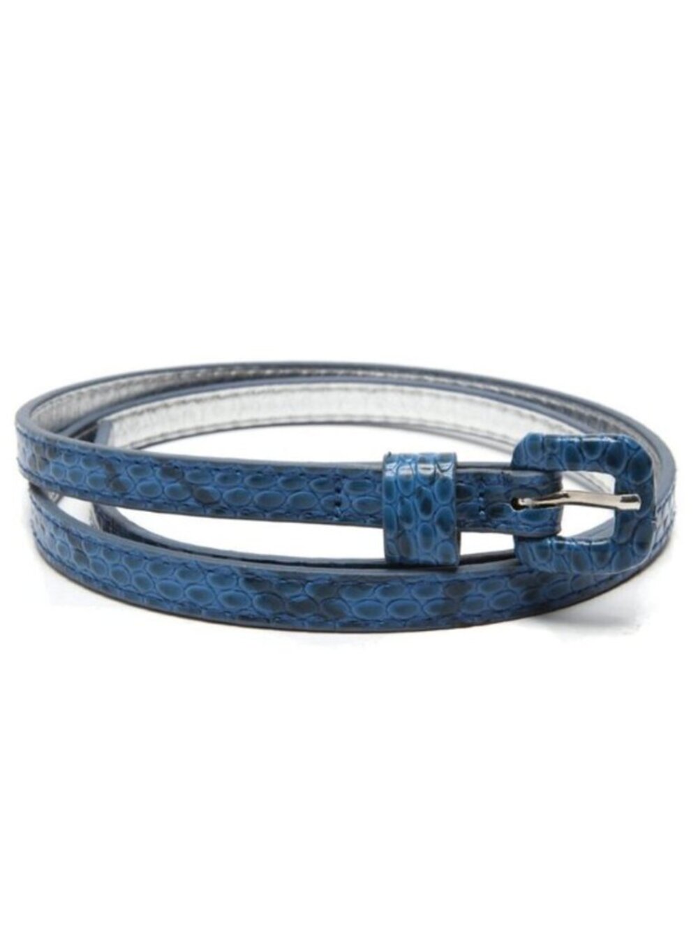 Blue Black Silver Faux Snakeskin Belt Skinny Patent Reptile